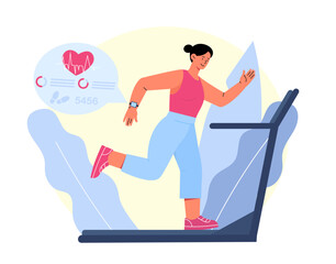 Smart watch at treadmill. Woman runs into gym with smartwatch on arm. Active lifestyle and sports. Cardio training and fitness. Losing weight and diet. Cartoon flat vector illustration