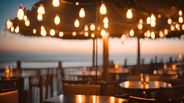 Beachside Restaurant Tables at Sunset Generative AI