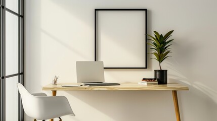 Modern Minimalist Workspace with Laptop and Plant, Generative AI