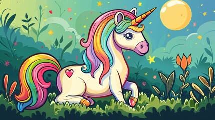Obraz premium Colorful graffiti-style design of a unicorn with a rainbow mane in a magical meadow