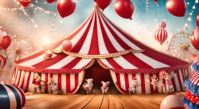 Vibrant circus tent background with majestic red and white striped tent