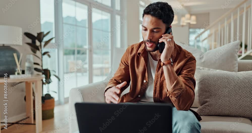 Aufkleber remote work, man and phone call with paperwork problem at home office with consulting issue. mobile 