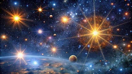 Bright star-like objects shining in a vast space landscape, stars, space, universe, galaxy, celestial, night, sky, astronomy