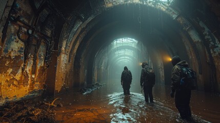 Obraz premium Photograph a group of urban explorers navigating through a labyrinthine structure, their flashlight beams cutting through the darkness to reveal shimmering surfaces.