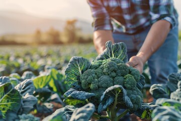 farmer hold and picking broccoli on field when harvest time