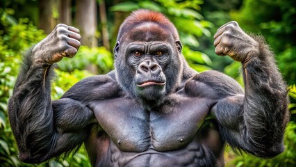 Powerful gorilla flexing muscles in the wild, wildlife, animal, strength, ape, nature, jungle, primal, dominance