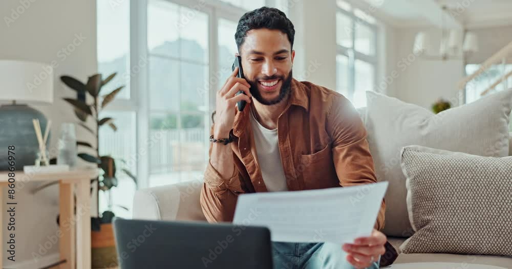 Aufkleber Remote work, man and phone call with paperwork at home office with consulting document. Mobile networking, laptop and working on living room couch with tech and finance notes with online consultation