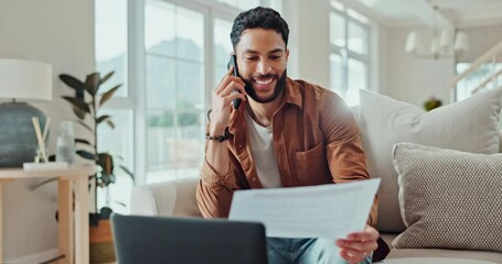 Remote work, man and phone call with paperwork at home office with consulting document. Mobile networking, laptop and working on living room couch with tech and finance notes with online consultation - Powered by Adobe