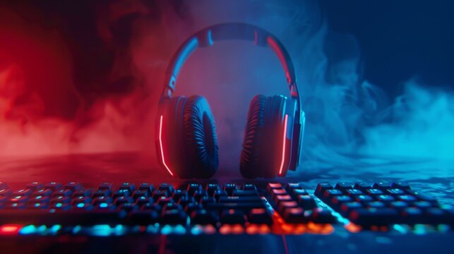 Gaming Headset and Keyboard with Colorful LED Lights, Generative AI