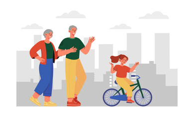 Schoolgirl training bike. Grandparents teach their granddaughter how to ride bicycle. Active lifestyle and sports. Schoolgirl at cycle. Cartoon flat vector illustration