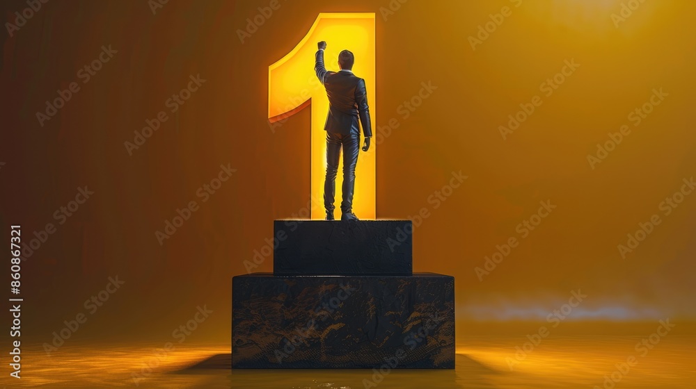 Wall mural successful businessman achieving victory - 3d rendering of businessman on podium with golden number 