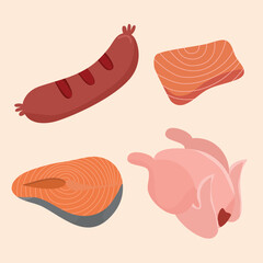 Set of frozen food. Sausage, Salmon, Fish meat, Chicken meat illustrations.