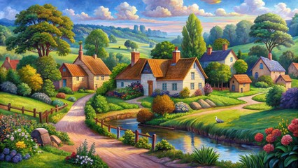 Tranquil acrylic painting of a peaceful village scene with charming rural life , village, acrylic, painting, serene, rural