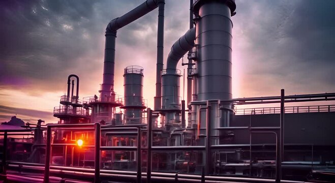 Chemical industrial installation with towering metal structures and pipes