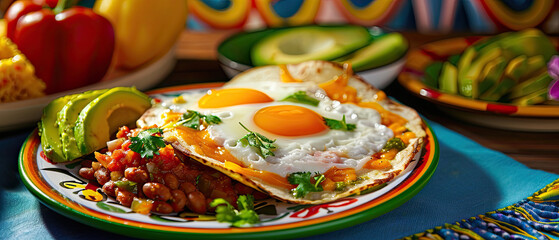 Huevos rancheros, refried beans, avocado, salsa on a colorful plate, traditional Mexican kitchen.