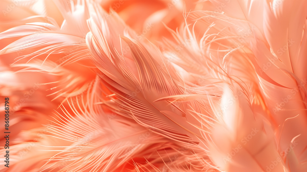 Poster bird feathers background toned in trending color of the year 2024 peach fuzz tenderness and softness