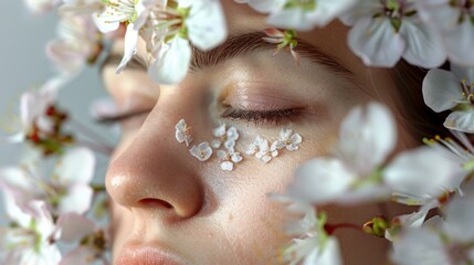 Obraz premium Woman's Face Surrounded by Delicate Spring Blossoms