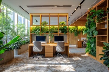 A modern office with a lot of greenery and plants