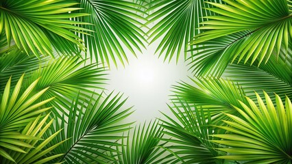 Background of green palm leaves, tropical, nature, exotic, foliage, palm tree, lush, summer, vacation, paradise, botanical