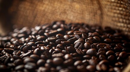 Coffee Beans Close Up in Burlap Sack