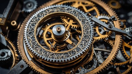 Obraz premium Vintage macro of a rusty, intricate clockwork mechanism, with gears and cogs interlocked in a dance of time