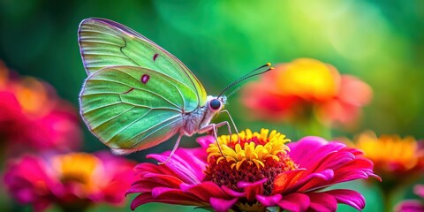 Obraz premium Green butterfly moth sitting on a colorful flower, insect, nature, macro, butterfly, moth, green, vibrant, plant, petal