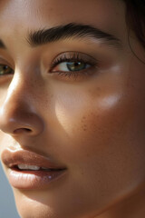Detailed Close-Up of a Young Woman in Her 30s with Glowing, Healthy Skin, Without Makeup