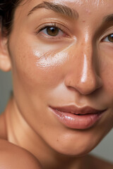 Fototapeta premium Detailed Close-Up of a Young Woman in Her 30s with Glowing, Healthy Skin, Without Makeup