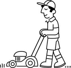 Cartoon illustration of man mowing lawn with a lawn mower, simple black and white line drawing. 