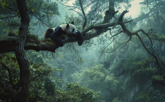 A Relaxing Panda Bear Napping on a Tree Branch in a Lush Forest