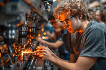 photo of vocational training session with young people and teacher at drilling machine