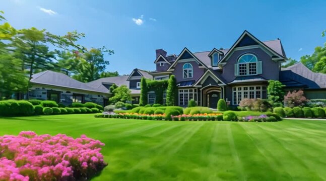 gray color suburban house illuminated by the soft early morning light under the blue clouds. The traditional design features a pitched roof, large windows, and a well-maintained garden with green tree