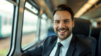 portrait of a smiling businessman in a modern train