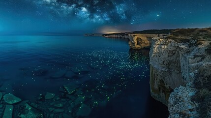 A cliff overlooking a sea where the water glows with phosphorescence, and stars reflect clearly in the calm night.