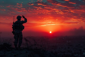 Naklejka premium Soldier Saluting During Sunset Over Barbed Wire