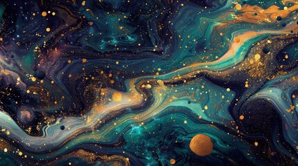 A cosmic dance of golden flecks and marbled blues, greens, and purples, capturing the abstract beauty of galaxies merging in the vastness of space.