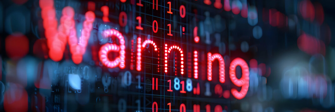 Red "Warning" text against a digital background of binary code.