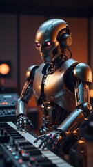 Futuristic android scientist in black helmet works on 3D technology in dark, metal laboratory