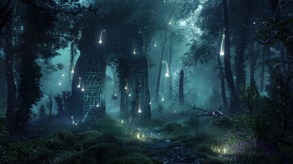 A dark forest with a path lit by floating will-o'-the-wisps, leading to an ancient, rune-covered stone portal.
