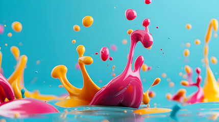 Naklejka premium Vibrant splashes of colorful paint against a blue background, creating a dynamic and lively abstract art piece.