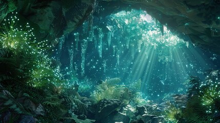 A deep cavern illuminated by bioluminescent plants and crystals, with a clear, starlit sky visible through an opening at the top.