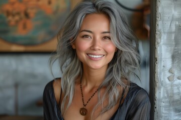 Obraz premium photo of smiling asian with grey hair standing near wall