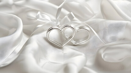 Wedding background of two silver hearts joined together with ribbon on elegant white satin brocade fabric  Macro with extremely shallow dof : Generative AI