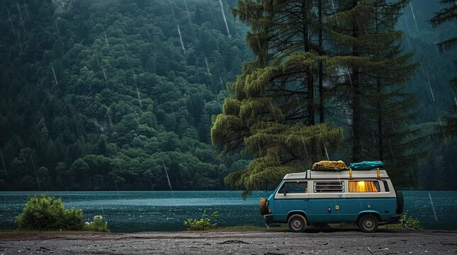 Campervan by lake in the forest on a rainy day
 Seamless looping 4k time-lapse virtual video animation background. Generated AI