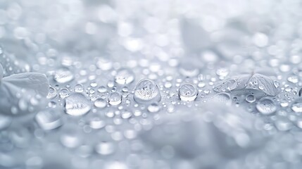 A field of glistening dew drops, each half-transparent and shimmering on an invisible surface, their delicate forms scattered across a white expanse.