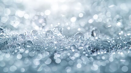 A field of glistening dew drops, each half-transparent and shimmering on an invisible surface, their delicate forms scattered across a white expanse.