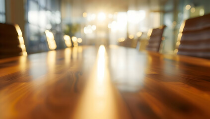 Fototapeta premium A close-up view of a wooden conference table with sunlight streaming through the window. The chairs and the surrounding area are out of focus.