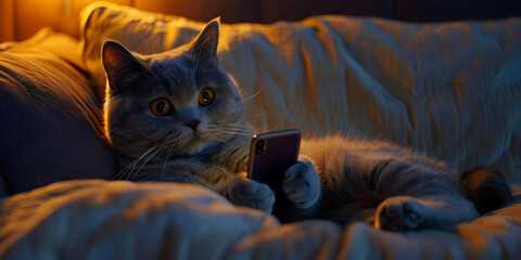 A grey cat relaxes on a couch, holding a phone.