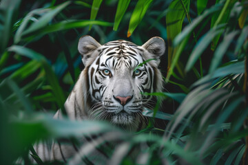 Naklejka premium White Tiger with Sapphire Eyes Crouches in the Jungle: Exotic Stealth Amidst Emerald Leaves