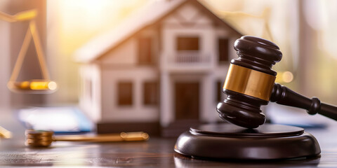 A wooden gavel rests on a block with a miniature house in the background, symbolizing legal matters and real estate.